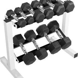 150 lb Rubber Hex Dumbbell Set with 2-Tier Storage Rack | Multiple Weight Options for Home Gym